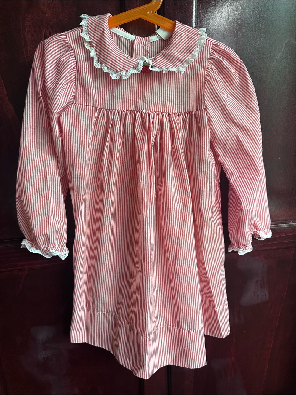 Vintage Girls Pin Striped Long-Sleeve Dress with Lace Collar